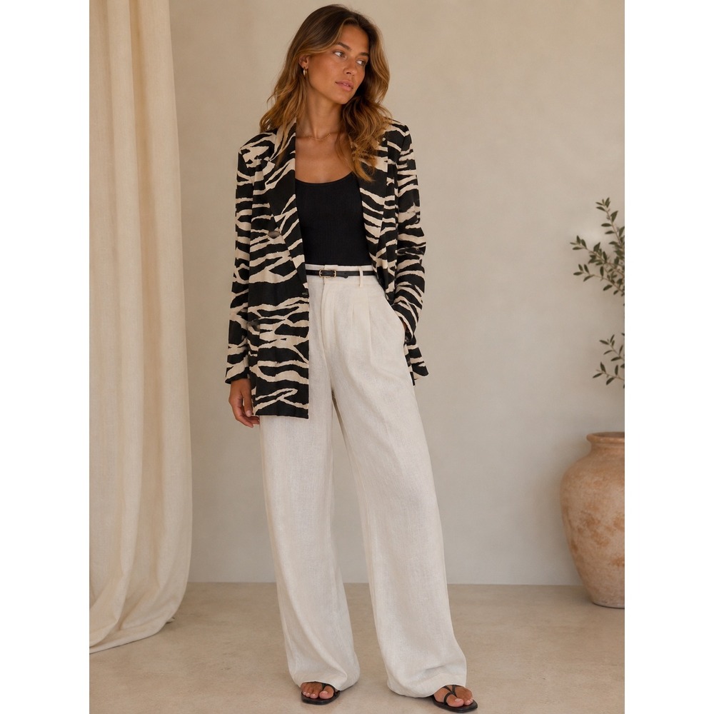 H&M Zebra Print Linen Blend Oversized Blazer Black Cream Size M